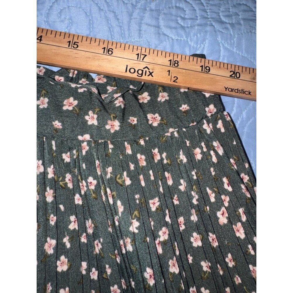 Floral Pleated Midi Skirt Green With Pink & White Flowers Large 100% Cotton Vint - Picture 5 of 6